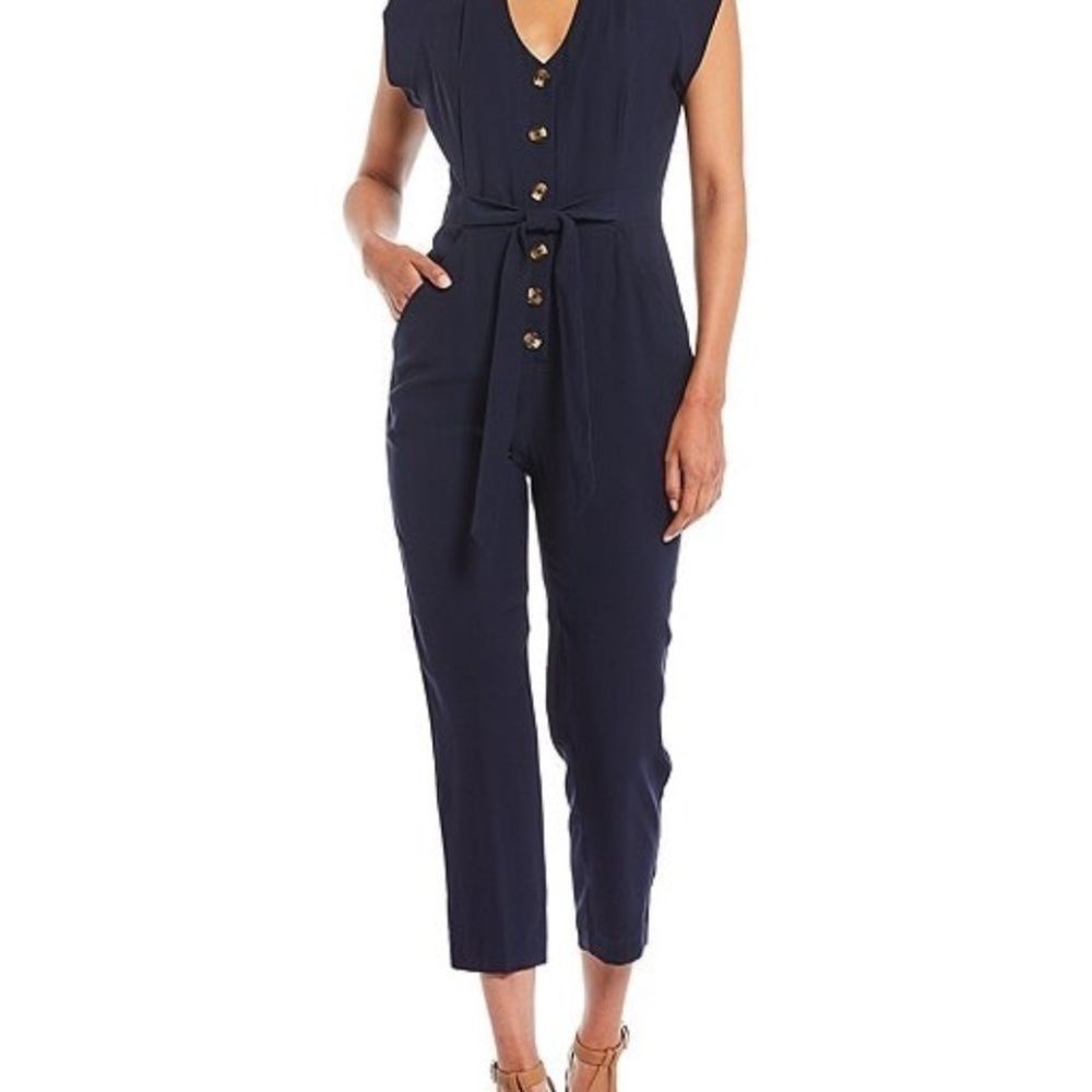 Belted Cap Sleeve V-Neck Button Down Jumpsuit XS